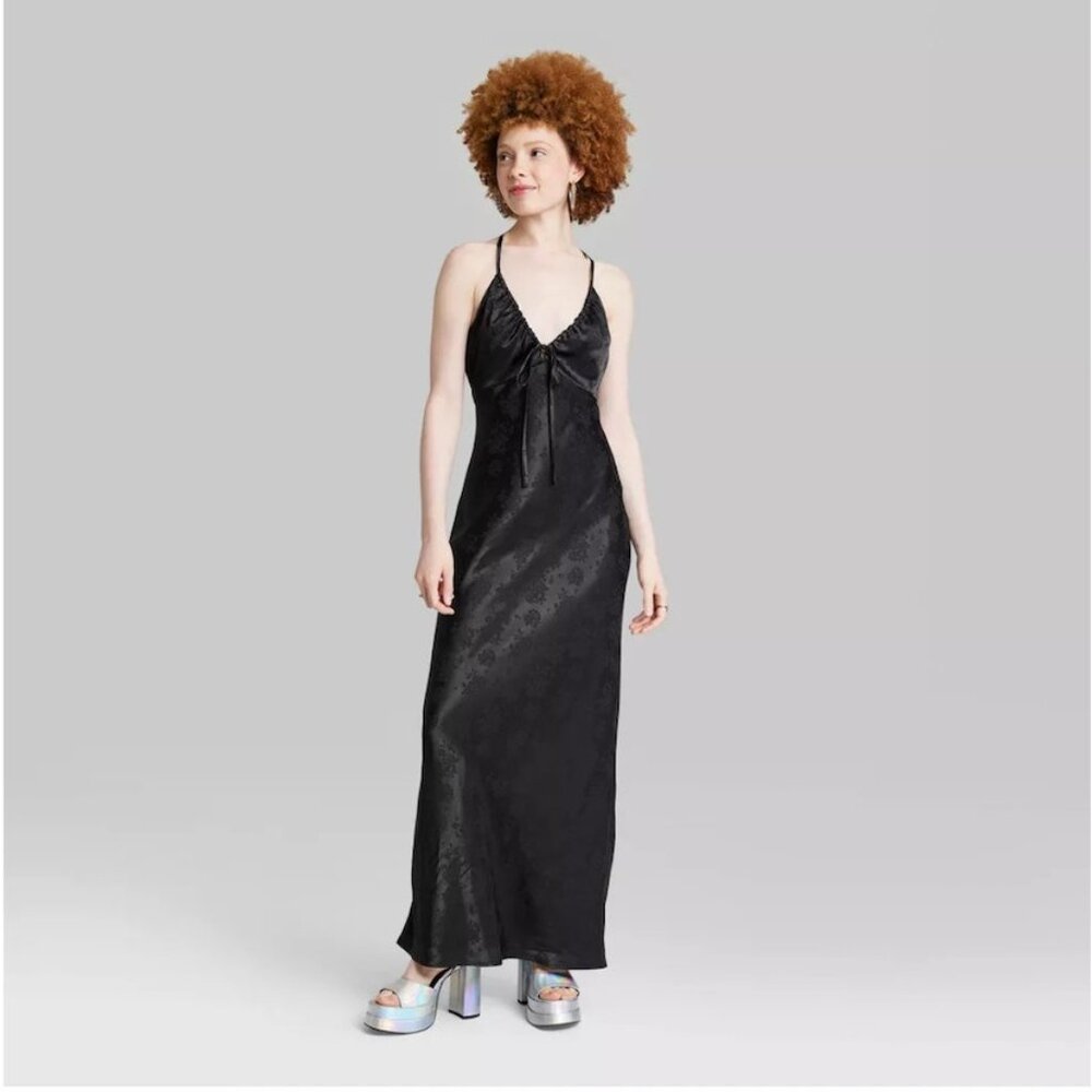 WILD FABLE SATIN SLIP MAXI DRESS CRISS CROSS BACK V-NECK WOMEN'S XS BLACK FLORAL